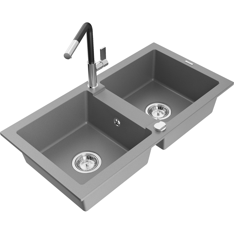 Mexen Mario granitový dřez 2-komorový s kuchyňskou baterií Flora, šedý - 6504-71-670401-07