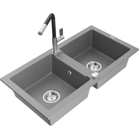 Mexen Mario granitový dřez 2-komorový s kuchyňskou baterií Flora, šedý - 6504-71-670401-07