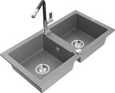 Mexen Mario granitový dřez 2-komorový s kuchyňskou baterií Flora, šedý - 6504-71-670401-07