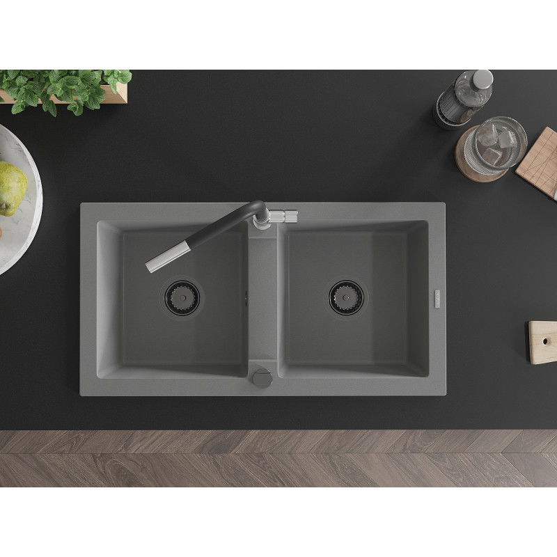 Mexen Mario granitový kuchyňský dřez 2-komorový s kuchyňskou baterií Flora, šedá - 6504-71-670401-07-B