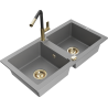 Mexen Mario granitový dřez dvoukomorový s kuchyňskou baterií Flora, šedý - 6504-71-670401-57-G