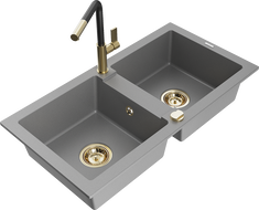 Mexen Mario granitový dřez dvoukomorový s kuchyňskou baterií Flora, šedý - 6504-71-670401-57-G
