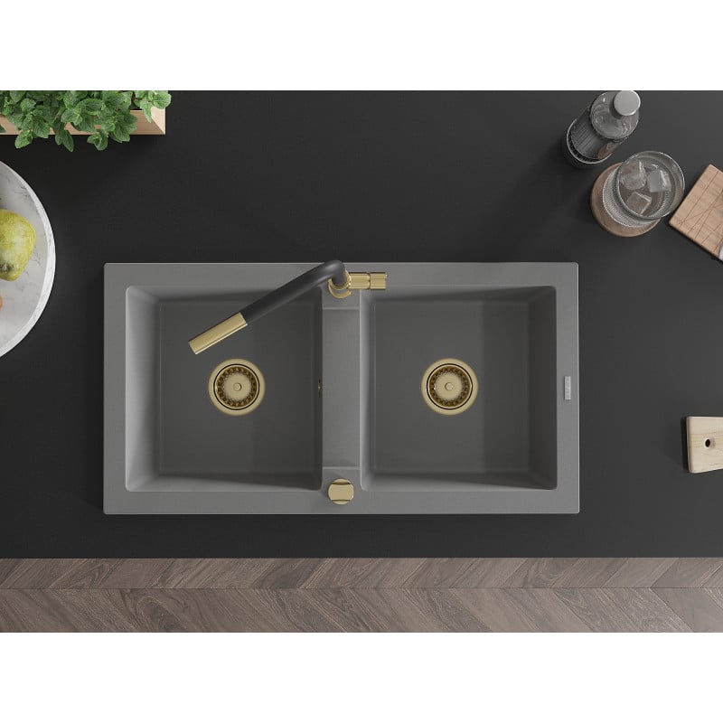 Mexen Mario granitový dřez dvoukomorový s kuchyňskou baterií Flora, šedý - 6504-71-670401-57-G