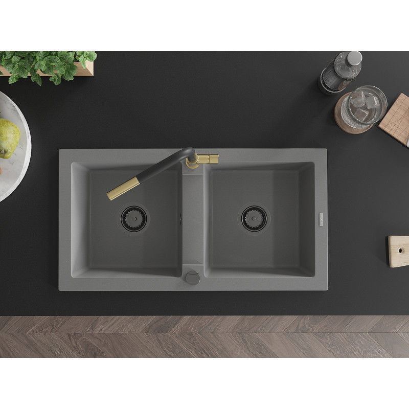 Mexen Mario dřez žulový dvoukomorový s kuchyňskou baterií Flora, šedý - 6504-71-670401-57-B