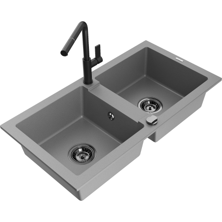Mexen Mario granitový dřez 2-komorový s kuchyňskou baterií Flora, šedý - 6504-71-670401-70-B