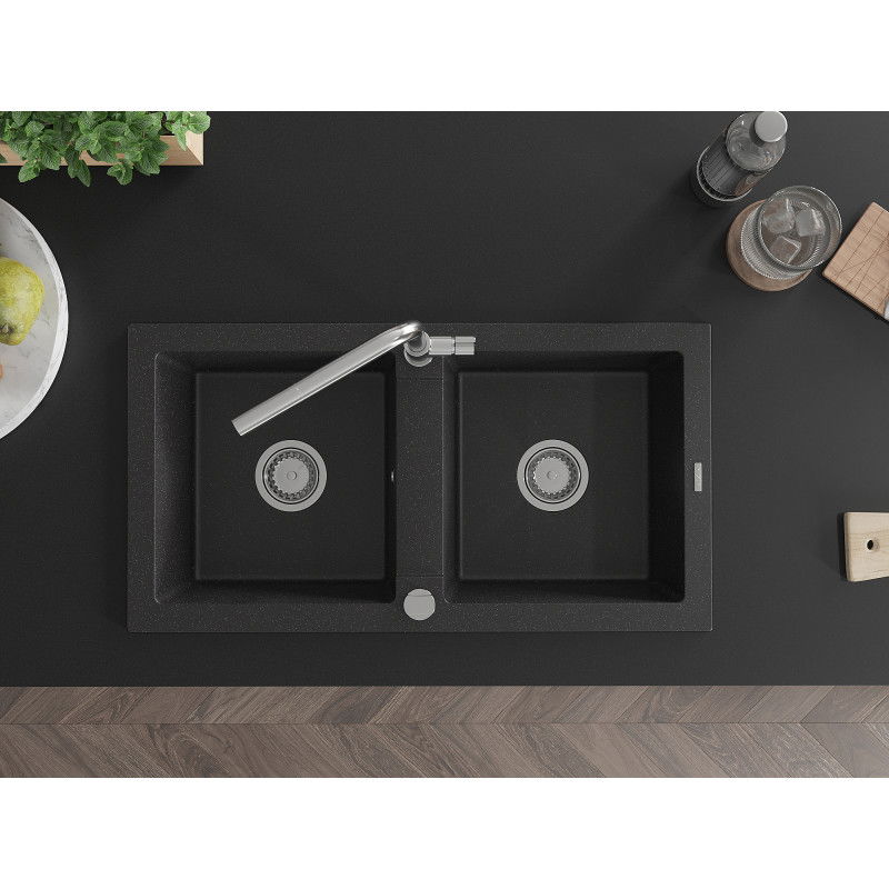 Mexen Mario dvoukomorový granitový dřez s kuchyňskou baterií Flora, černý/stříbrný metalík - 6504-73-670401-00