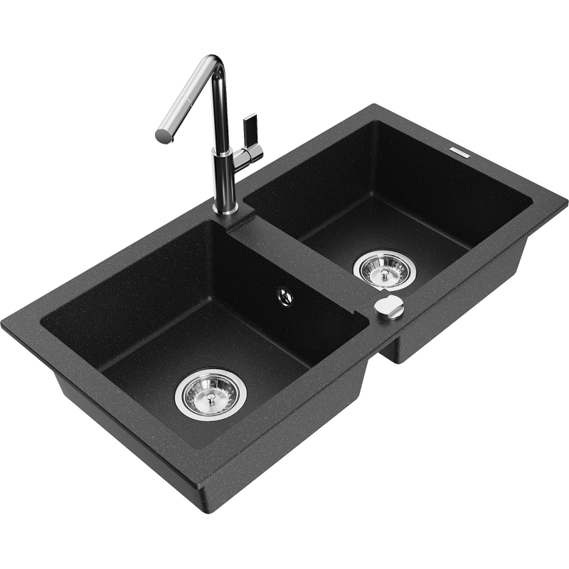 Mexen Mario dvoukomorový granitový dřez s kuchyňskou baterií Flora, černý/stříbrný metalík - 6504-73-670401-00