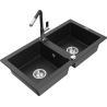 Mexen Mario dřez granitový 2-komorový s kuchyňskou baterií Flora, černý/stříbrný metalik - 6504-73-670401-07