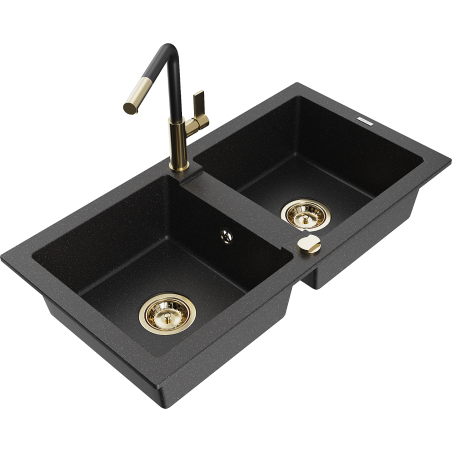 Mexen Mario dřez granitový 2-komorový s kuchyňskou baterií Flora, černý/stříbrný metalik - 6504-73-670401-57-G