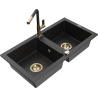 Mexen Mario dřez granitový 2-komorový s kuchyňskou baterií Flora, černý/stříbrný metalik - 6504-73-670401-57-G