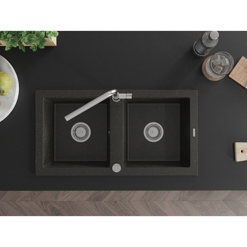 Mexen Mario dvoukomorový žulový dřez s kuchyňskou baterií Flora, černý/zlatý metalik - 6504-75-670401-00