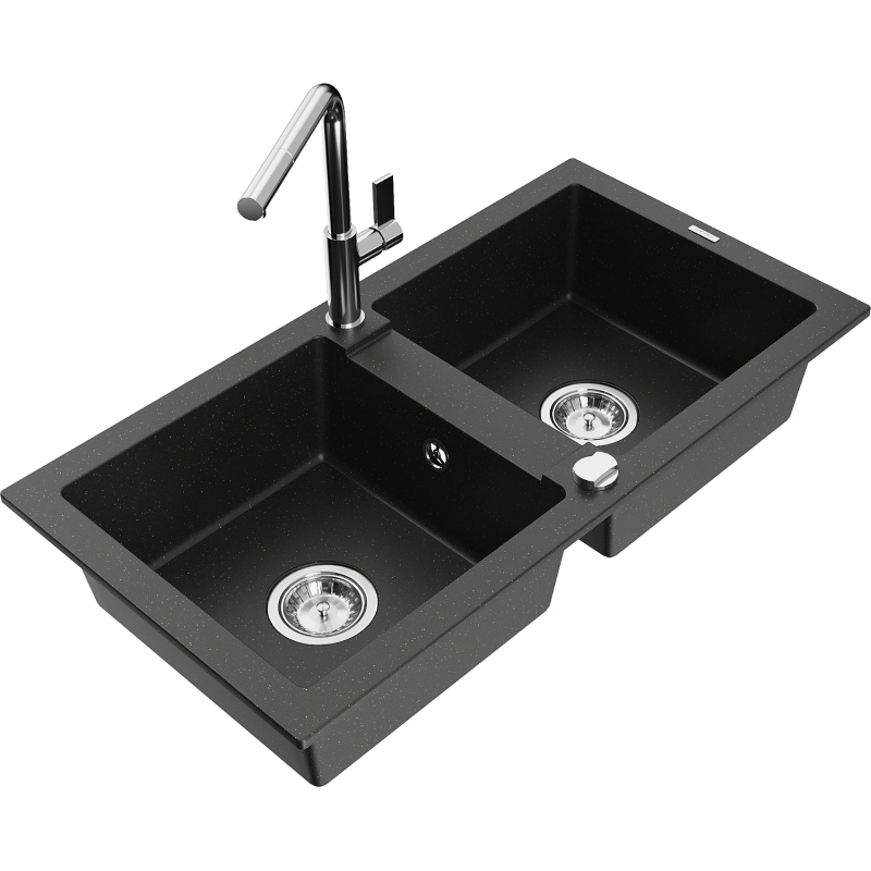 Mexen Mario dvoukomorový žulový dřez s kuchyňskou baterií Flora, černý/zlatý metalik - 6504-75-670401-00