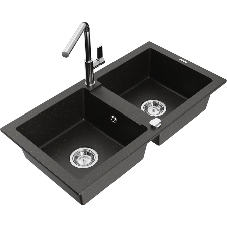 Mexen Mario dvoukomorový žulový dřez s kuchyňskou baterií Flora, černý/zlatý metalik - 6504-75-670401-00