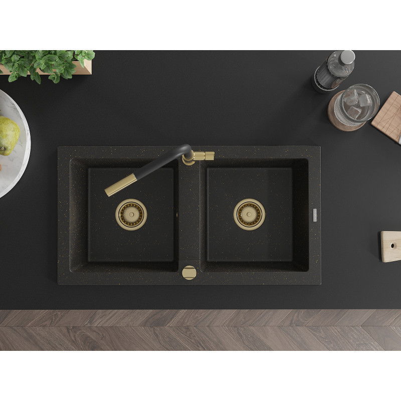 Mexen Mario dřez žulový 2-komorový s kuchyňskou baterií Flora, černý/zlatý metalik - 6504-75-670401-57-G