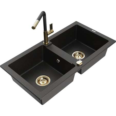 Mexen Mario dřez žulový 2-komorový s kuchyňskou baterií Flora, černý/zlatý metalik - 6504-75-670401-57-G