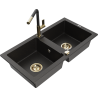 Mexen Mario dřez žulový 2-komorový s kuchyňskou baterií Flora, černý/zlatý metalik - 6504-75-670401-57-G