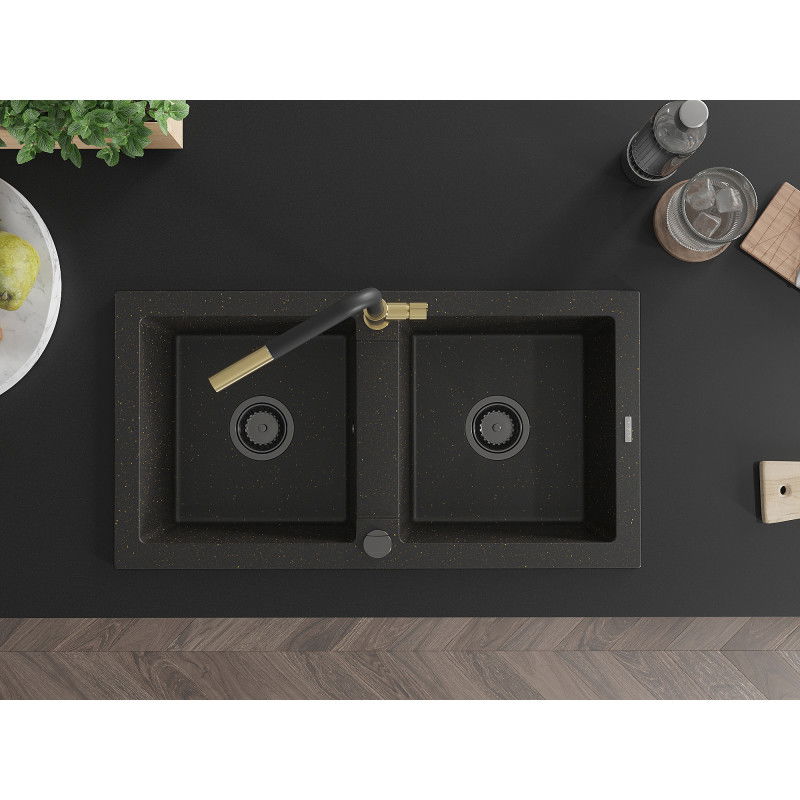 Mexen Mario granitový dřez 2-komorový s kuchyňskou baterií Flora, černý/zlatý metalik - 6504-75-670401-57-B