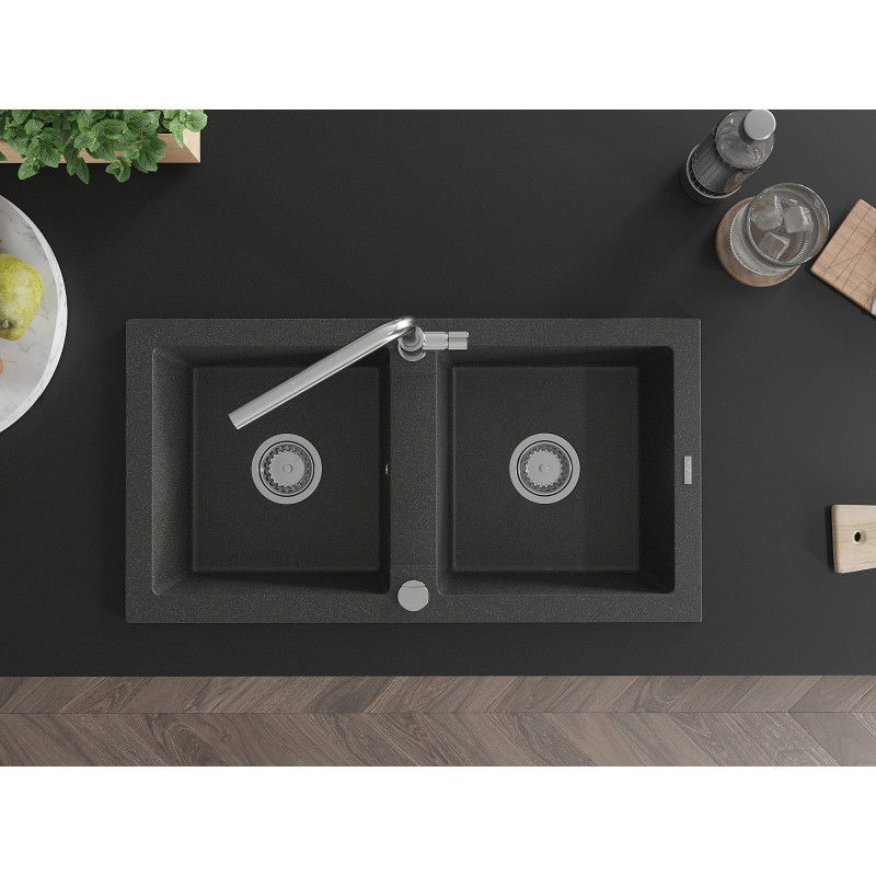 Mexen Mario žulový dvoukomorový dřez s kuchyňskou baterií Flora, černý puntíkovaný - 6504-76-670401-00