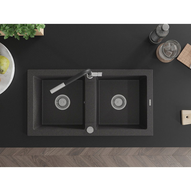 Mexen Mario žulový dřez s 2 komorami s kuchyňskou baterií Flora, černý puntíkovaný - 6504-76-670401-07