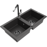 Mexen Mario granitový dřez 2-komorový s kuchyňskou baterií Flora, černý skvrnitý - 6504-76-670401-07-B