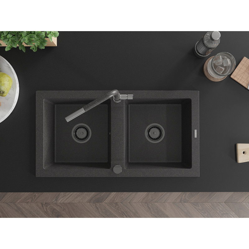 Mexen Mario dřez žulový 2-komorový s kuchyňskou baterií Flora, černý s tečkami - 6504-76-670401-08-B