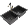 Mexen Mario granitový dřez 2-komorový s kuchyňskou baterií Flora, černý skvrnitý - 6504-76-670401-57-B