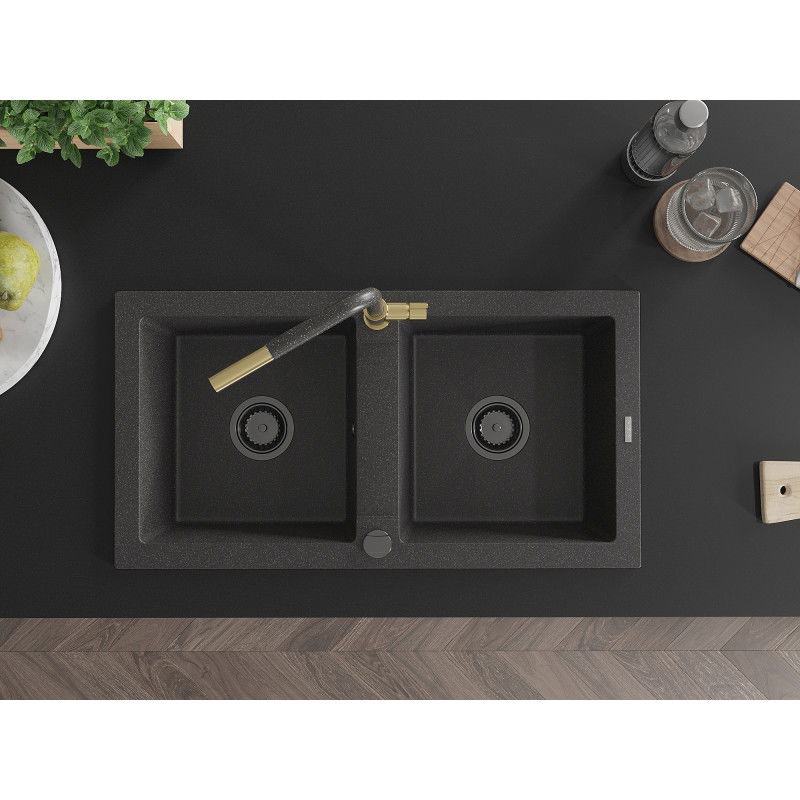 Mexen Mario granitový dřez 2-komorový s kuchyňskou baterií Flora, černý skvrnitý - 6504-76-670401-75-B