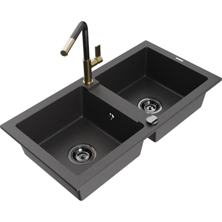 Mexen Mario granitový dřez 2-komorový s kuchyňskou baterií Flora, černý skvrnitý - 6504-76-670401-75-B