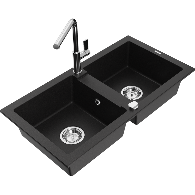 Mexen Mario granitový dřez 2-komorový s kuchyňskou baterií Flora, černý - 6504-77-670401-00
