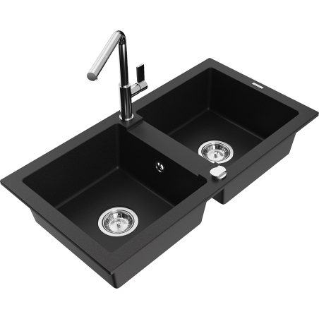 Mexen Mario granitový dřez 2-komorový s kuchyňskou baterií Flora, černý - 6504-77-670401-00