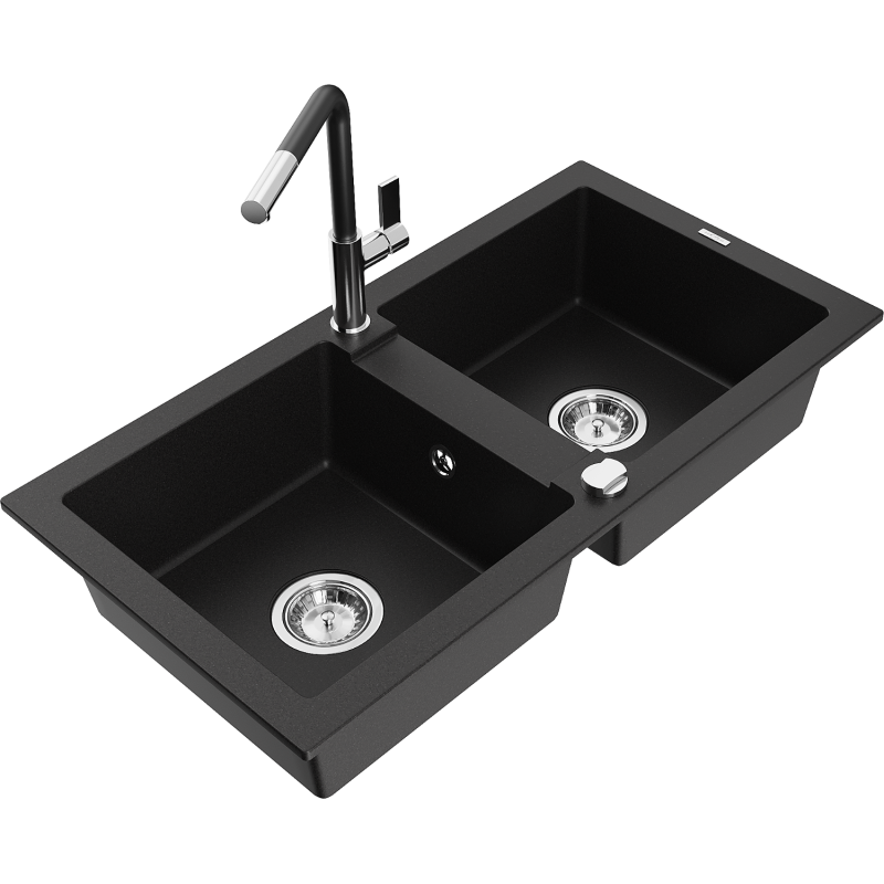 Mexen Mario žulový dřez 2-komorový s kuchyňskou baterií Flora, černý - 6504-77-670401-07