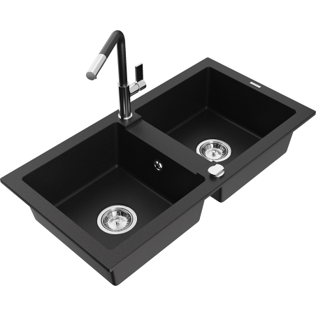 Mexen Mario žulový dřez 2-komorový s kuchyňskou baterií Flora, černý - 6504-77-670401-07