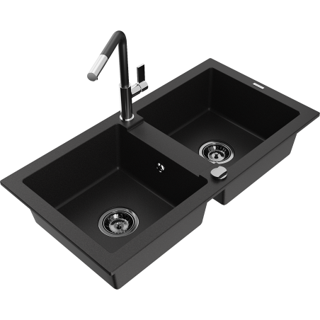 Mexen Mario granitový dřez 2-komorový s kuchyňskou baterií Flora, černý - 6504-77-670401-07-B
