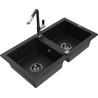 Mexen Mario granitový dřez 2-komorový s kuchyňskou baterií Flora, černý - 6504-77-670401-07-B