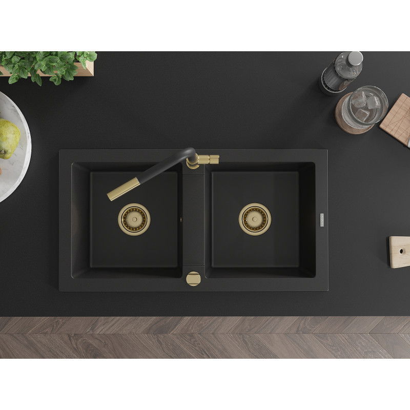 Mexen Mario granitový dřez 2-komorový s kuchyňskou baterií Flora, černý - 6504-77-670401-57-G