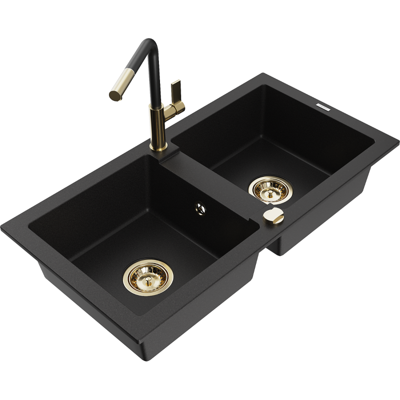 Mexen Mario granitový dřez 2-komorový s kuchyňskou baterií Flora, černý - 6504-77-670401-57-G