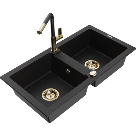 Mexen Mario granitový dřez 2-komorový s kuchyňskou baterií Flora, černý - 6504-77-670401-57-G