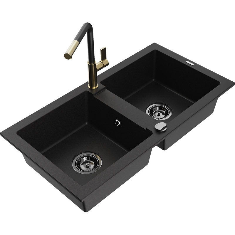 Mexen Mario žulový dvojkomorový dřez s kuchyňskou baterií Flora, černý - 6504-77-670401-57-B