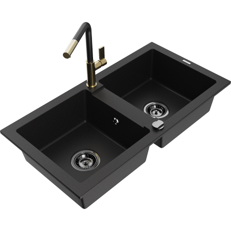 Mexen Mario žulový dvojkomorový dřez s kuchyňskou baterií Flora, černý - 6504-77-670401-57-B