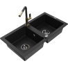 Mexen Mario žulový dvojkomorový dřez s kuchyňskou baterií Flora, černý - 6504-77-670401-57-B