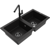 Mexen Mario granitový dřez 2komorový s kuchyňskou baterií Flora, černý - 6504-77-670401-70-B