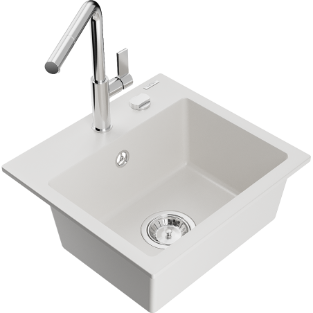 Mexen Milo granitový jednodřez s kuchyňskou baterií Flora, bílý - 6505-20-670401-00