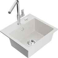 Mexen Milo granitový jednodřez s kuchyňskou baterií Flora, bílý - 6505-20-670401-00