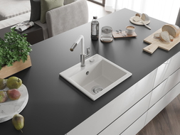 Mexen Milo granitový dřez 1-komorový s kuchyňskou baterií Flora, bílý - 6505-20-670401-02