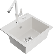 Mexen Milo granitový dřez 1-komorový s kuchyňskou baterií Flora, bílý - 6505-20-670401-02