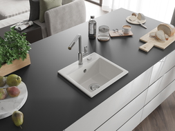 Mexen Milo granitový dřez 1-komorový s kuchyňskou baterií Flora, bílý - 6505-20-670401-06