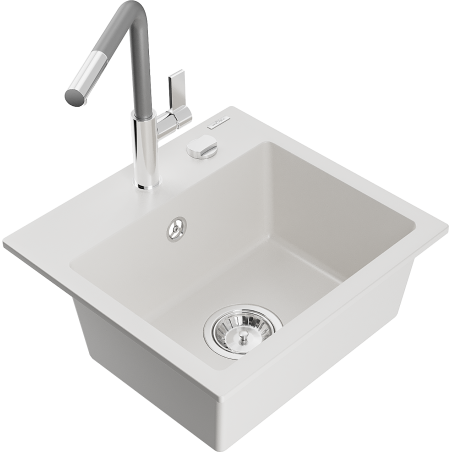 Mexen Milo granitový dřez 1-komorový s kuchyňskou baterií Flora, bílý - 6505-20-670401-06