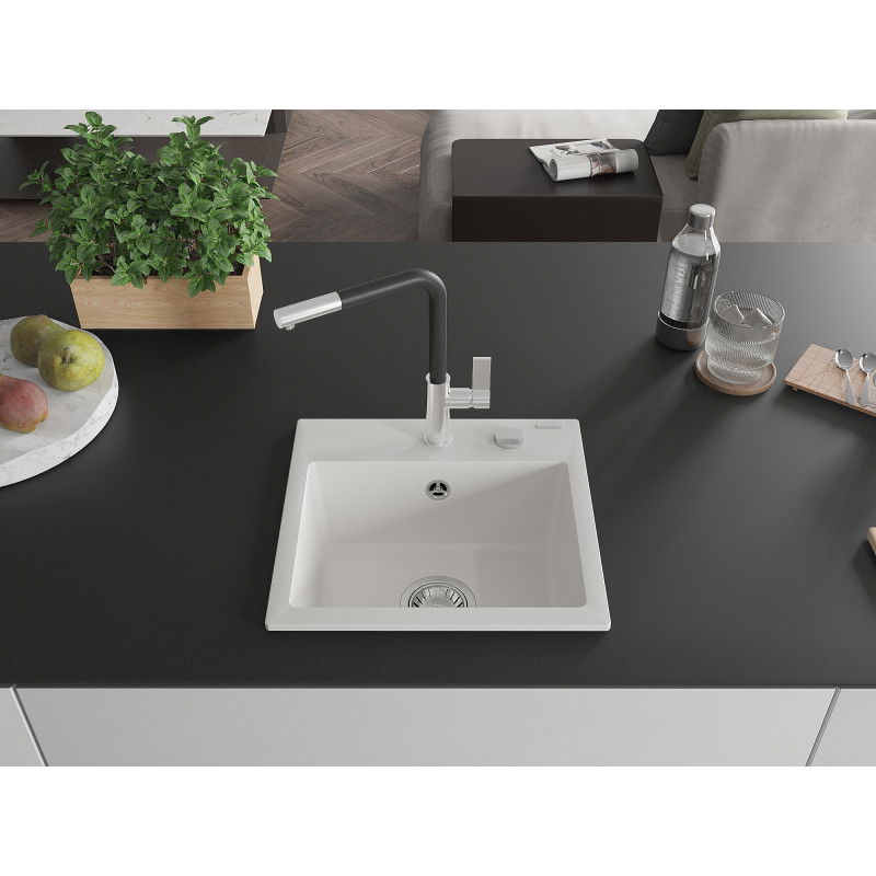 Mexen Milo granitový dřez 1-komorový s kuchyňskou baterií Flora, bílý - 6505-20-670401-07