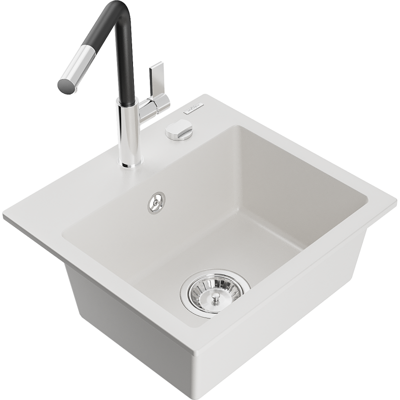 Mexen Milo granitový dřez 1-komorový s kuchyňskou baterií Flora, bílý - 6505-20-670401-07