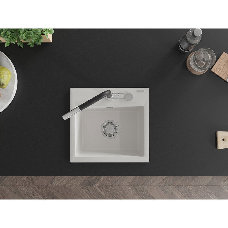 Mexen Milo granitový dřez 1-komorový s kuchyňskou baterií Flora, bílý - 6505-20-670401-07
